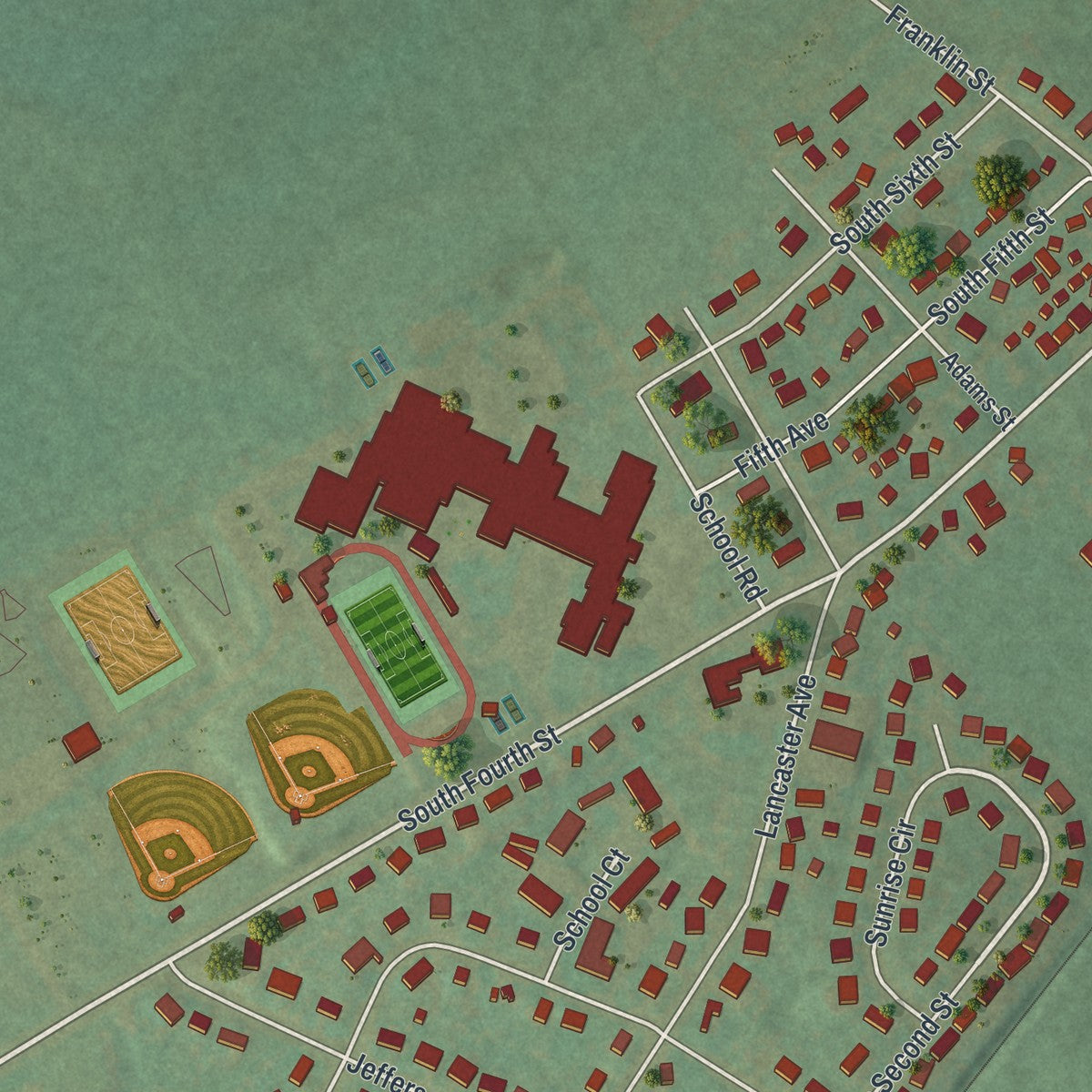 Second close-up of the map of Denver, Pennsylvania print showing more streets and buildings