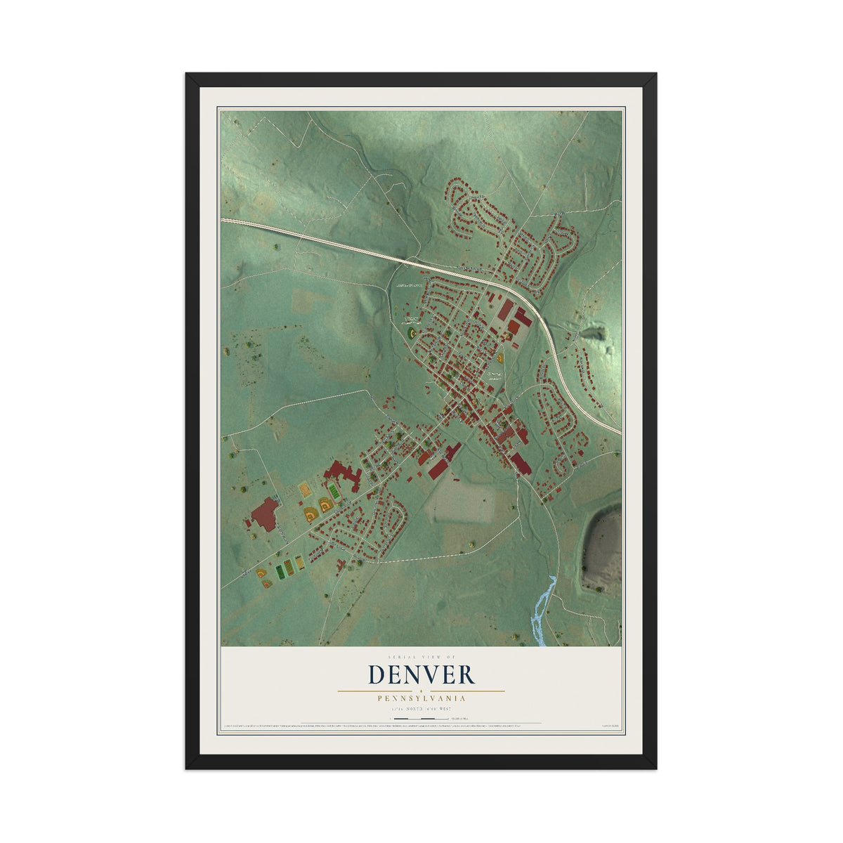Map of Denver, Pennsylvania, 12 x 18 inch print in a black wood frame