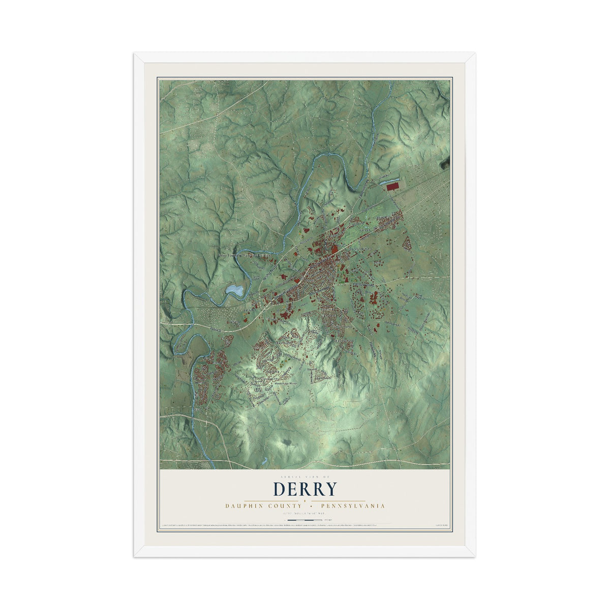 Map of Derry, Dauphin County, Pennsylvania, 12 x 18 inch print in a white wood frame