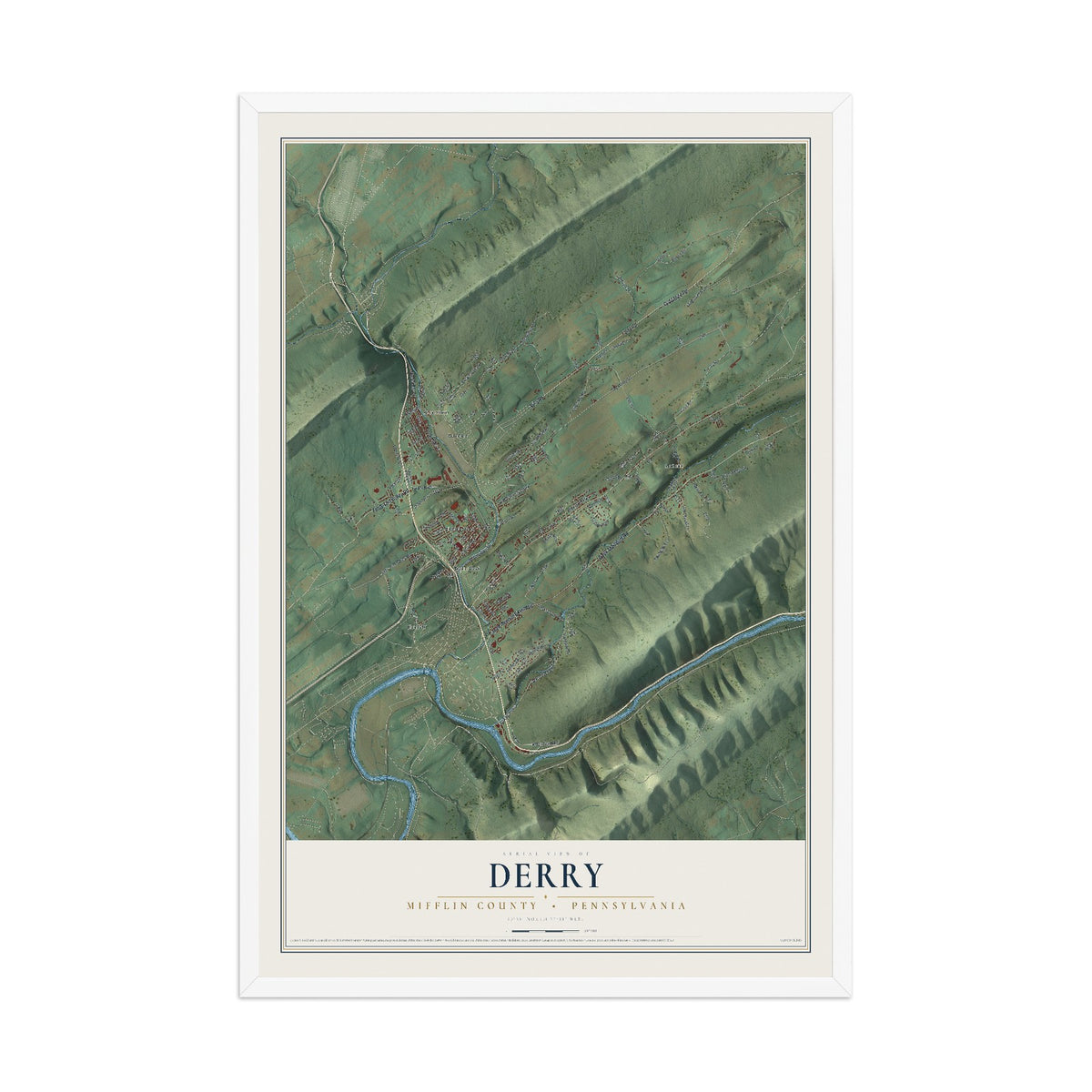 Map of Derry, Mifflin County, Pennsylvania, 12 x 18 inch print in a white wood frame