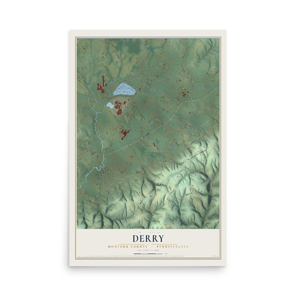 Map of Derry, Montour County, Pennsylvania, 12 x 18 inch unframed archival matte print