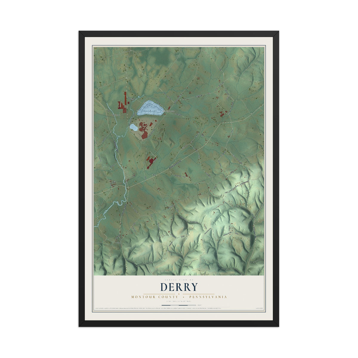 Map of Derry, Montour County, Pennsylvania, 12 x 18 inch print in a black wood frame