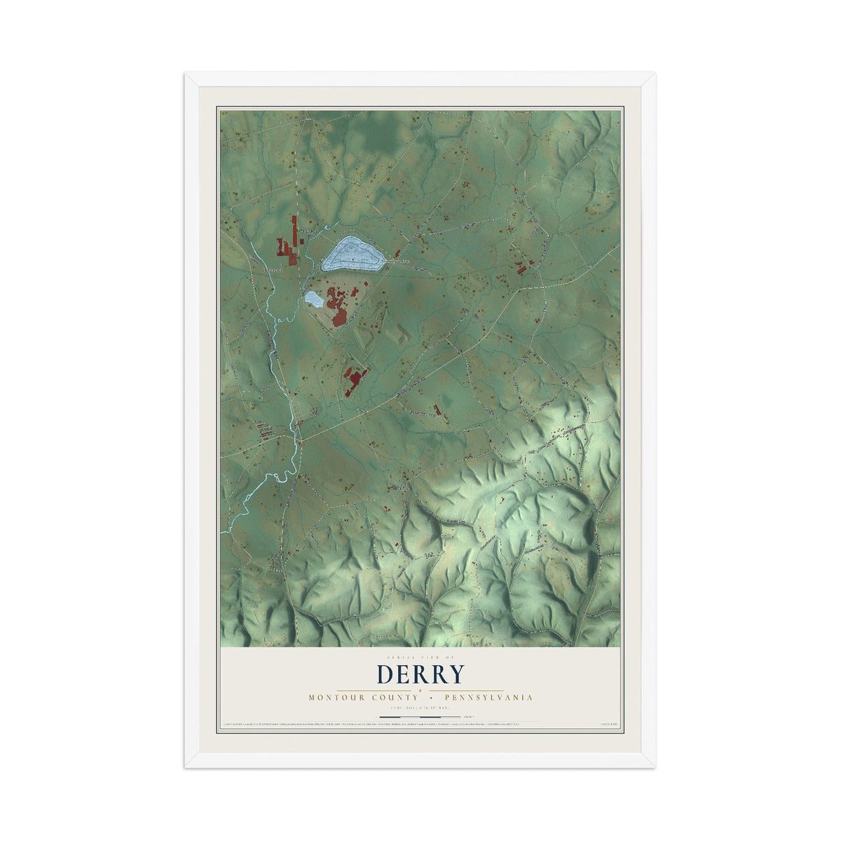 Map of Derry, Montour County, Pennsylvania, 12 x 18 inch print in a white wood frame