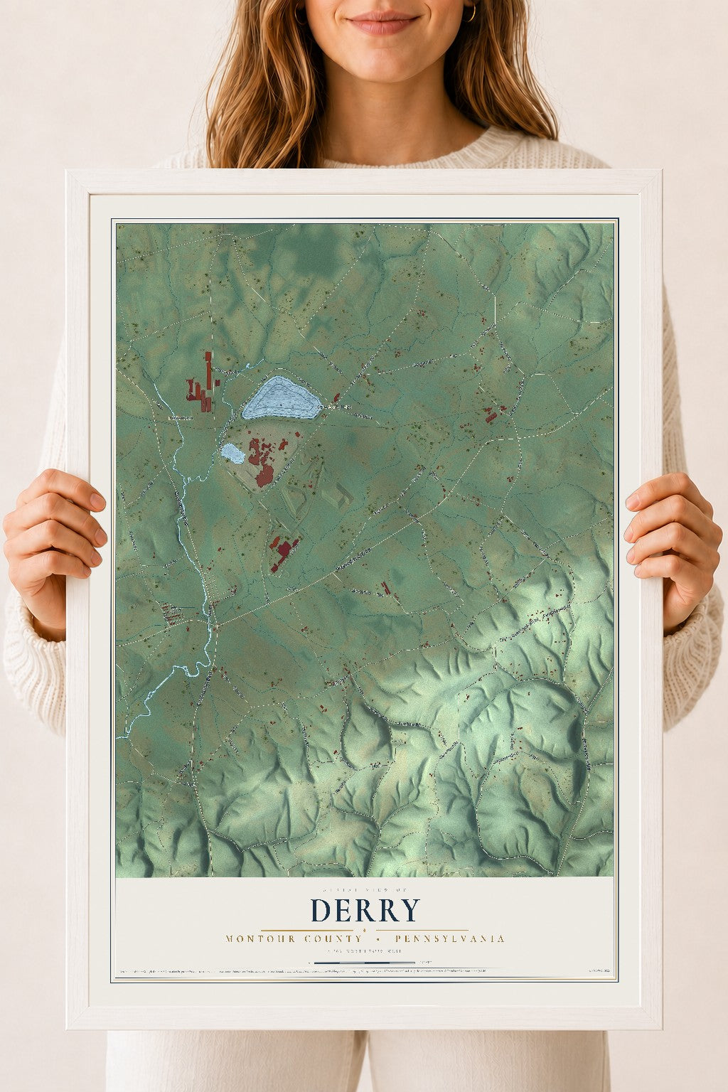 Map of Derry, Montour County, Pennsylvania, 18 x 24 inch print in a white wood frame