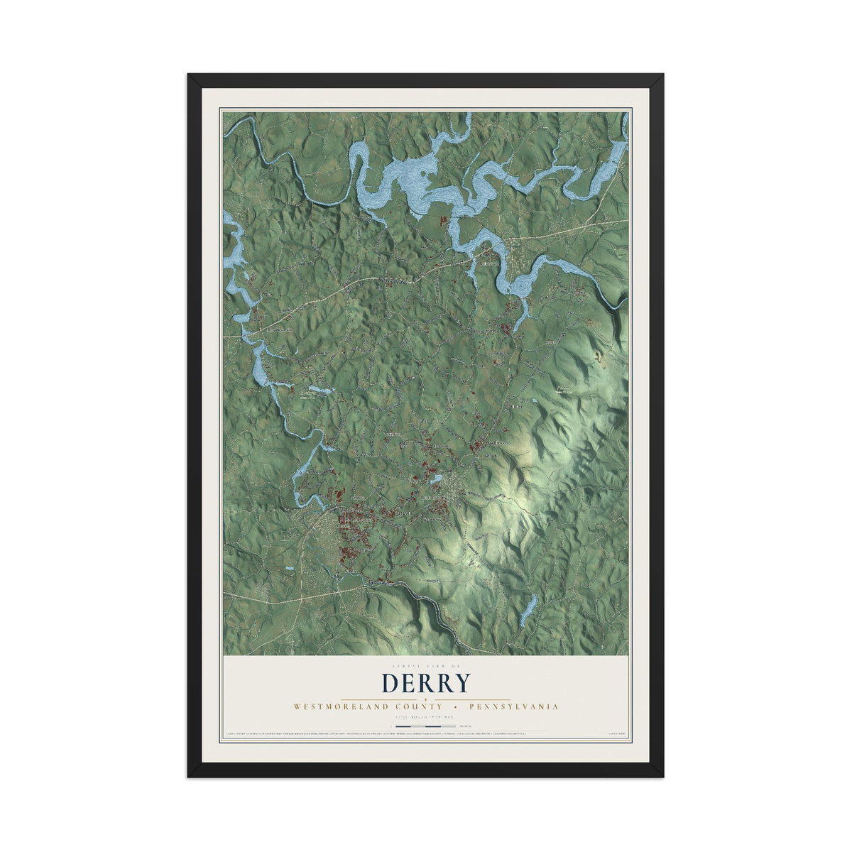 Map of Derry, Westmoreland County, Pennsylvania, 12 x 18 inch print in a black wood frame