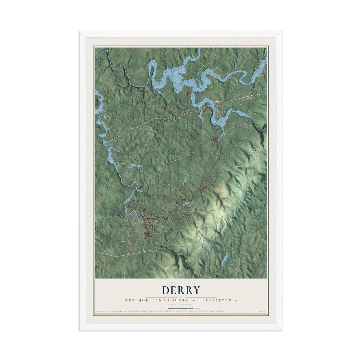 Map of Derry, Westmoreland County, Pennsylvania, 12 x 18 inch print in a white wood frame
