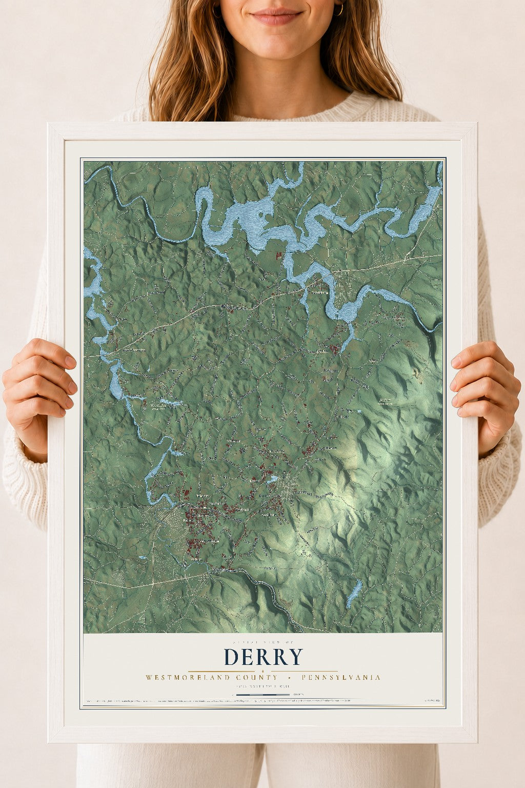 Map of Derry, Westmoreland County, Pennsylvania, 18 x 24 inch print in a white wood frame