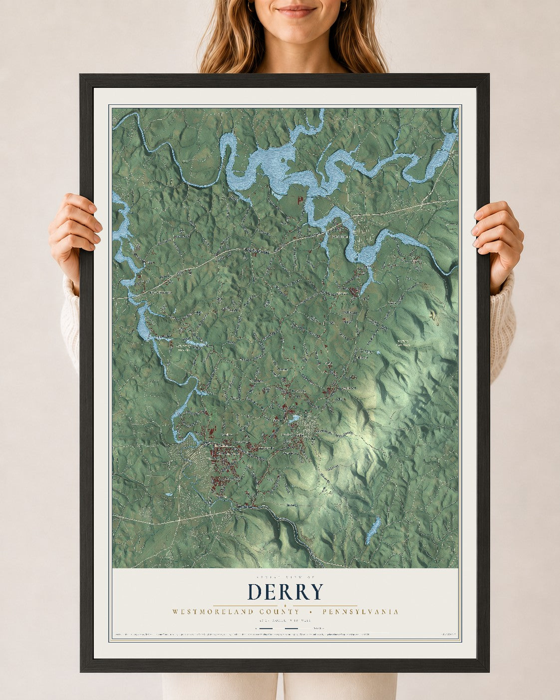 Map of Derry, Westmoreland County, Pennsylvania, 24 x 36 inch print in a black wood frame
