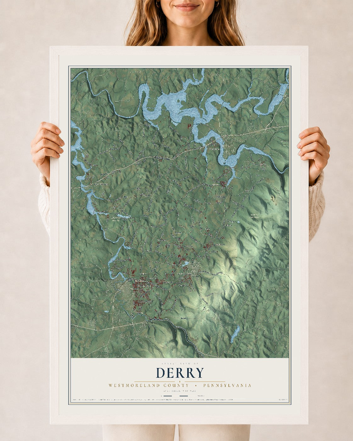 Map of Derry, Westmoreland County, Pennsylvania, 24 x 36 inch print in a white wood frame
