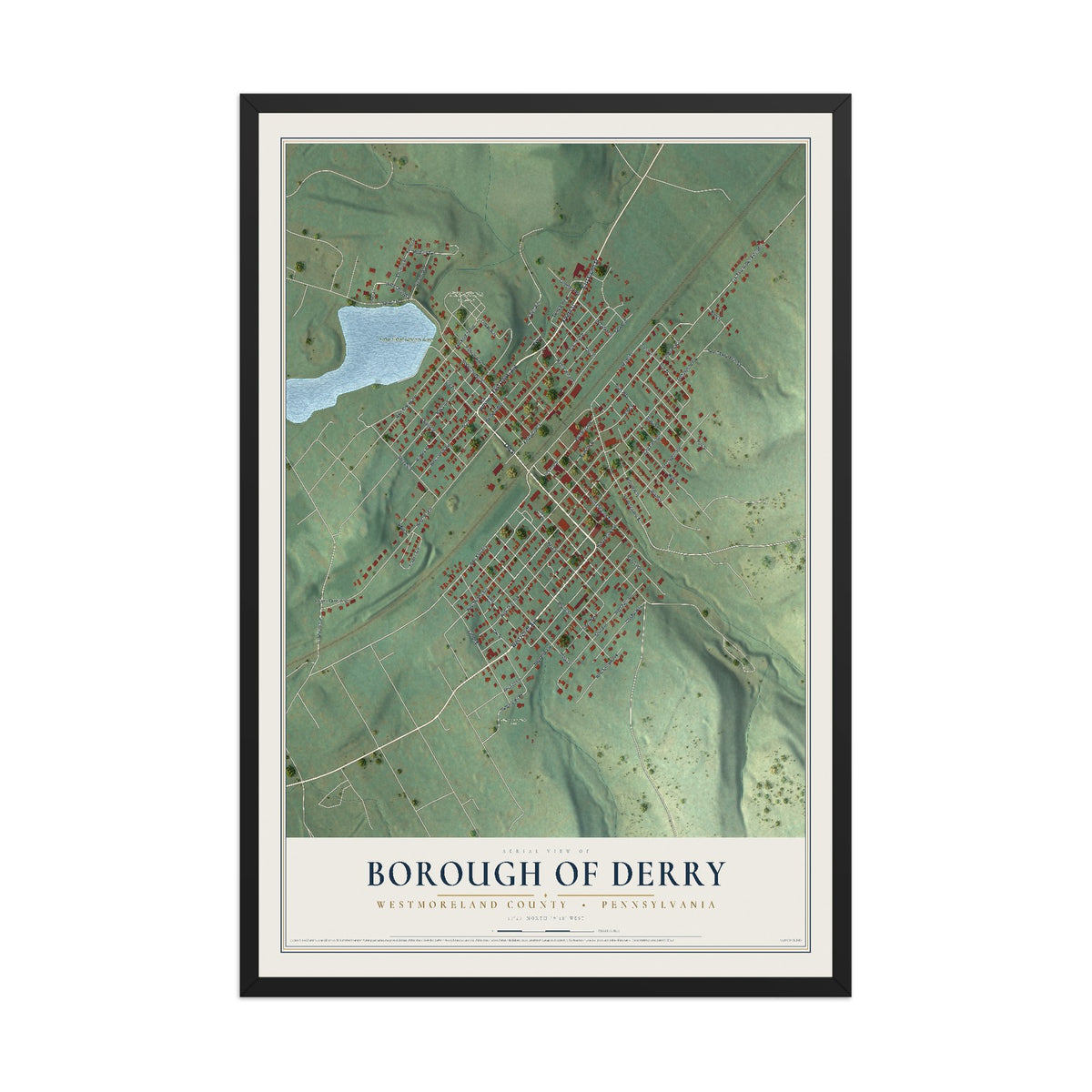 Map of the Borough of Derry, Westmoreland County, Pennsylvania, 12 x 18 inch print in a black wood frame