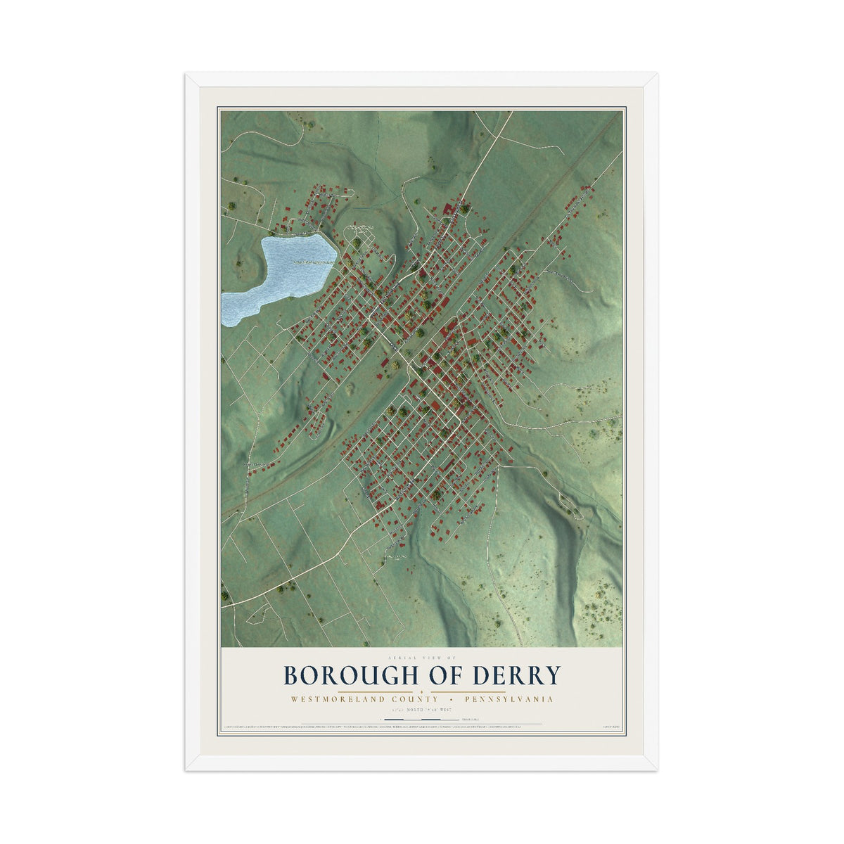 Map of the Borough of Derry, Westmoreland County, Pennsylvania, 12 x 18 inch print in a white wood frame