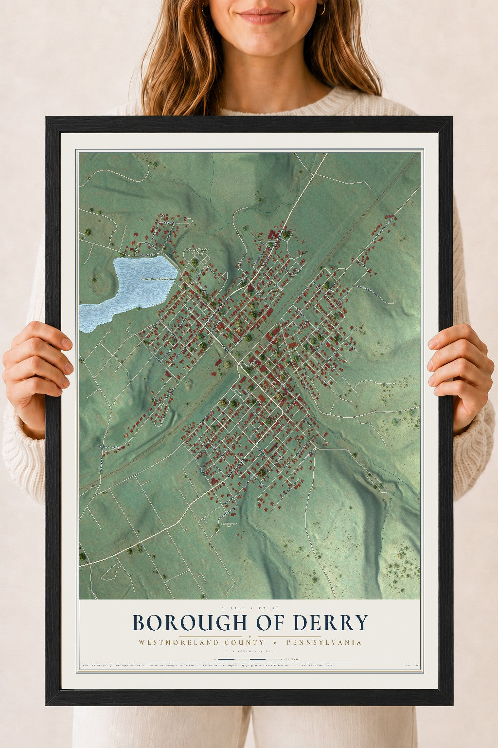 Map of the Borough of Derry, Westmoreland County, Pennsylvania, 18 x 24 inch print in a black wood frame