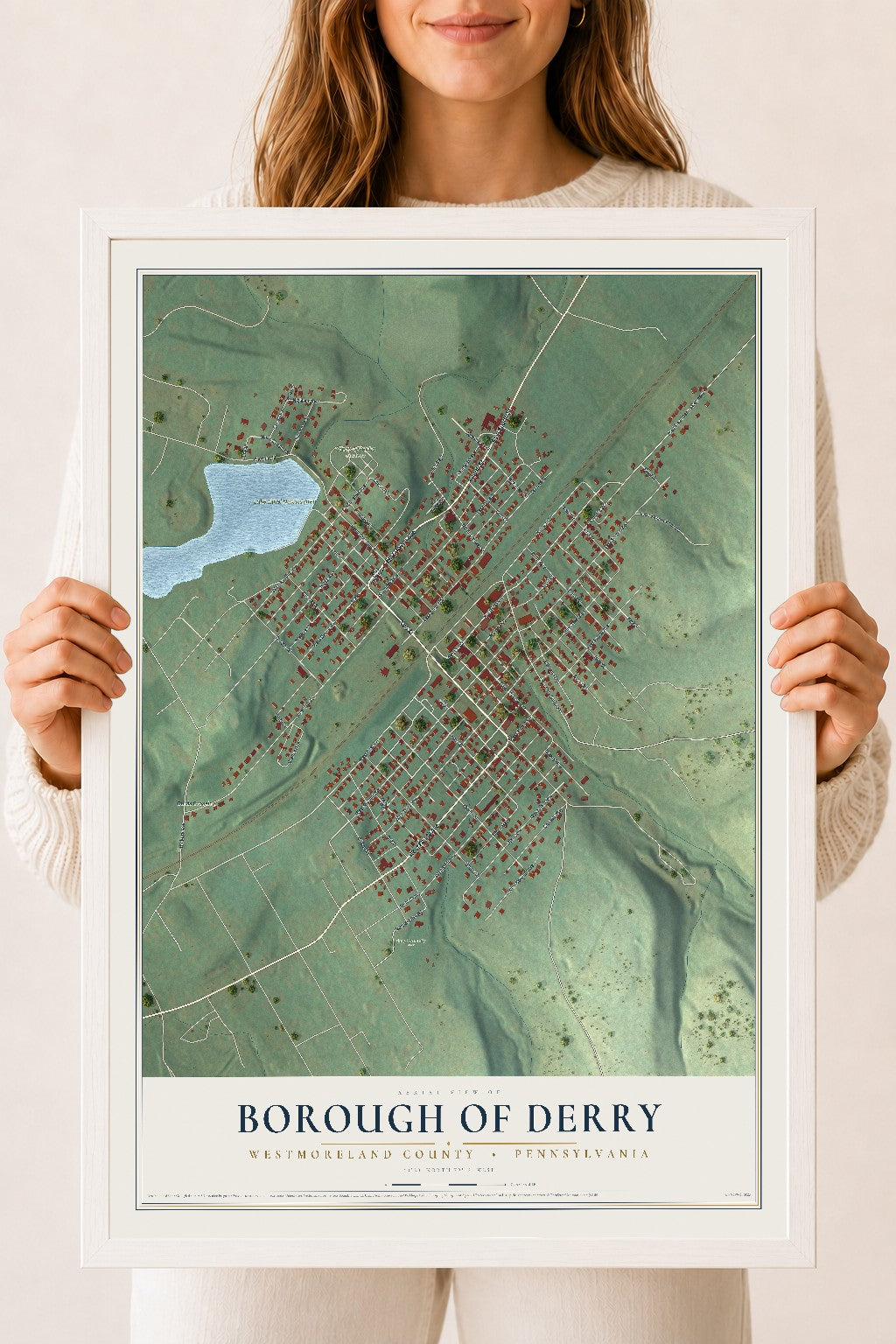 Map of the Borough of Derry, Westmoreland County, Pennsylvania, 18 x 24 inch print in a white wood frame