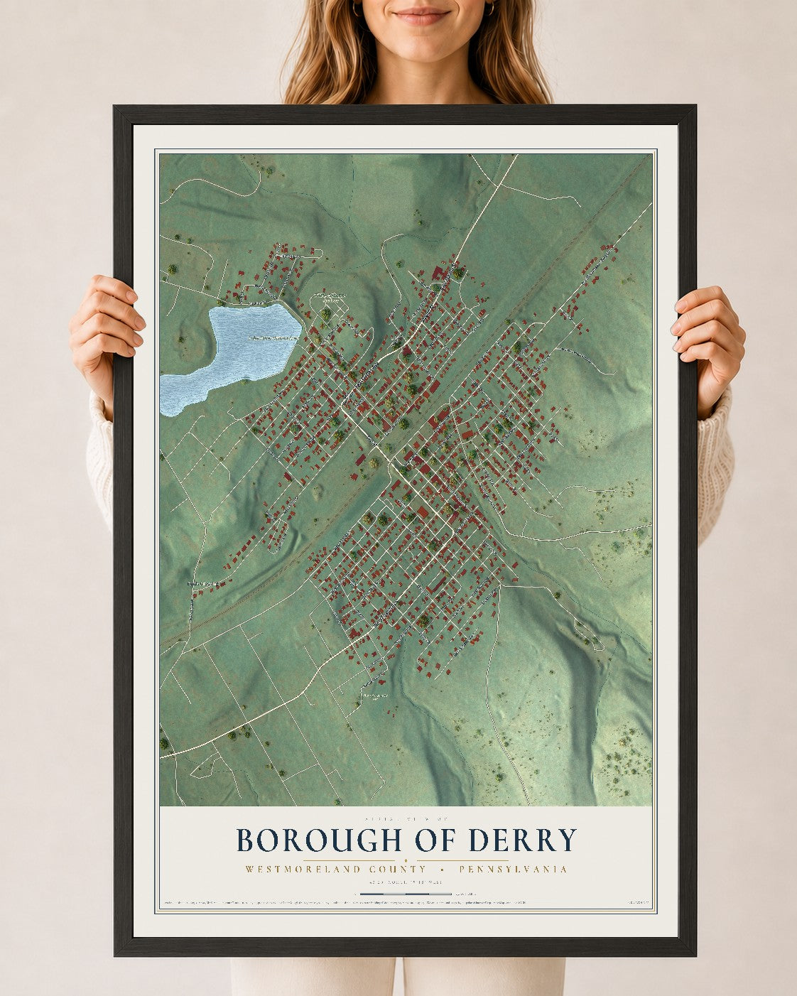 Map of the Borough of Derry, Westmoreland County, Pennsylvania, 24 x 36 inch print in a black wood frame