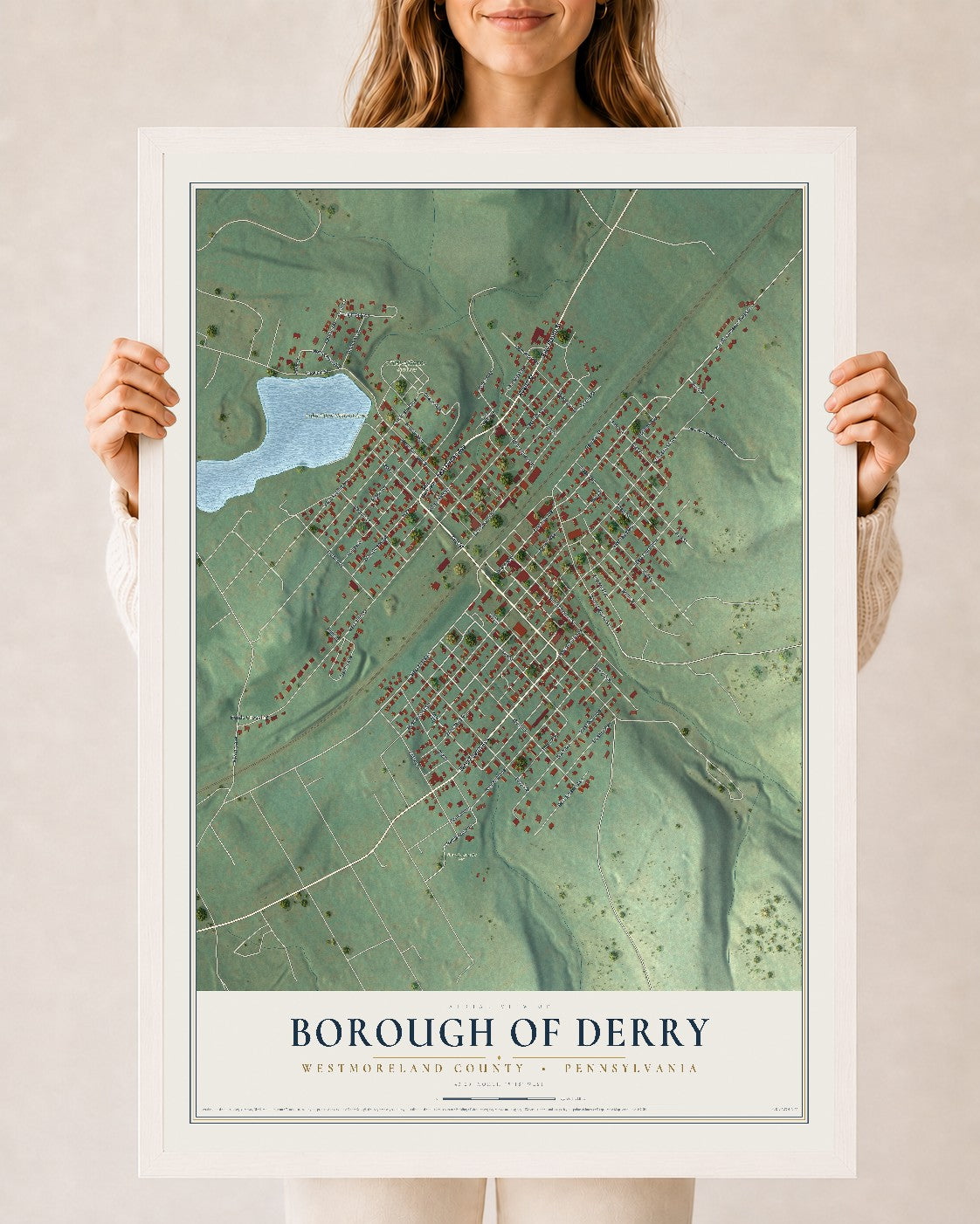 Map of the Borough of Derry, Westmoreland County, Pennsylvania, 24 x 36 inch print in a white wood frame