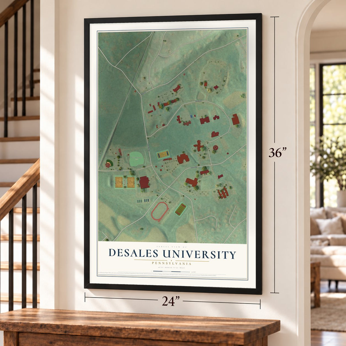 DeSales University, Pennsylvania map, 24 x 36 inch print in a black frame by a staircase