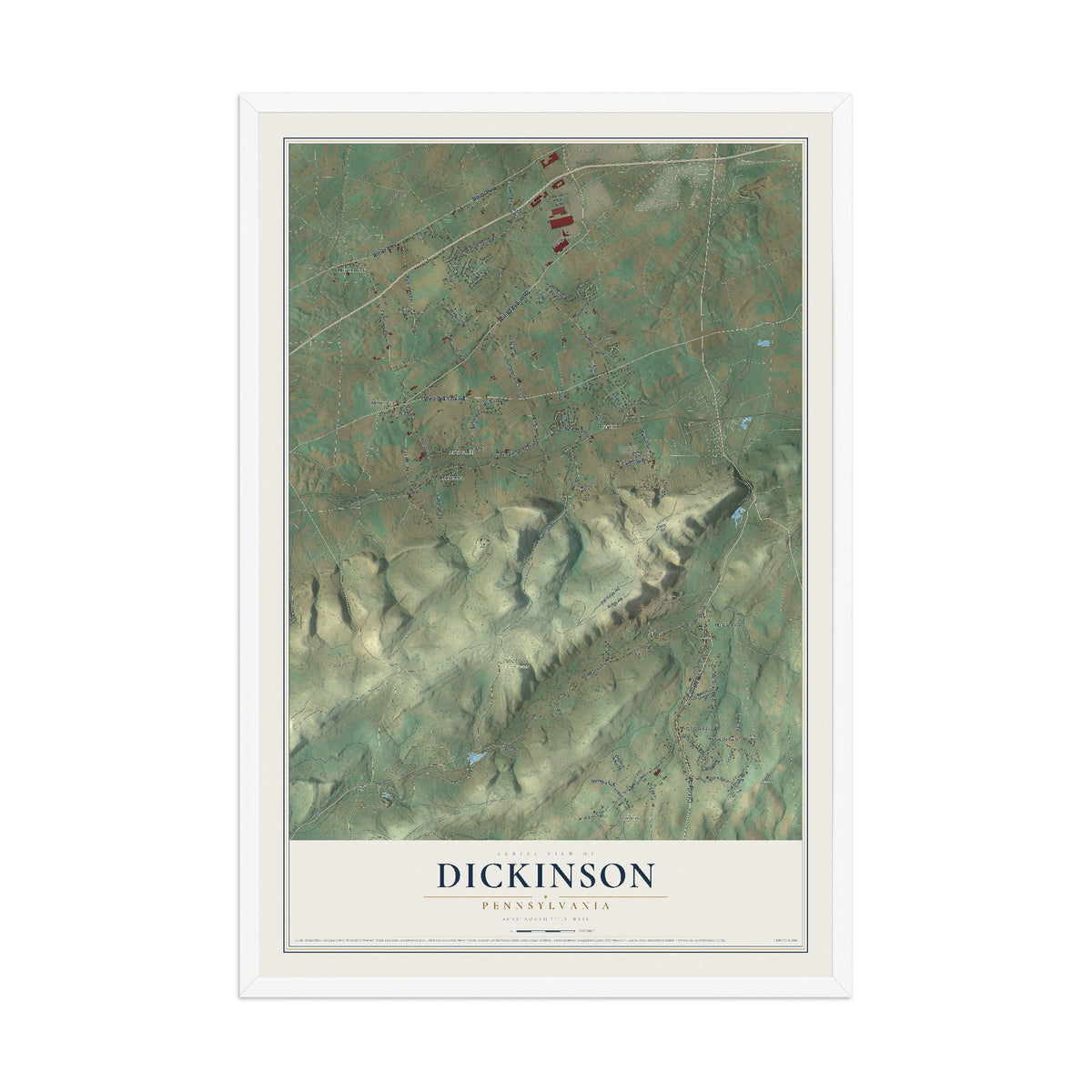 Map of Dickinson, Pennsylvania, 12 x 18 inch print in a white wood frame