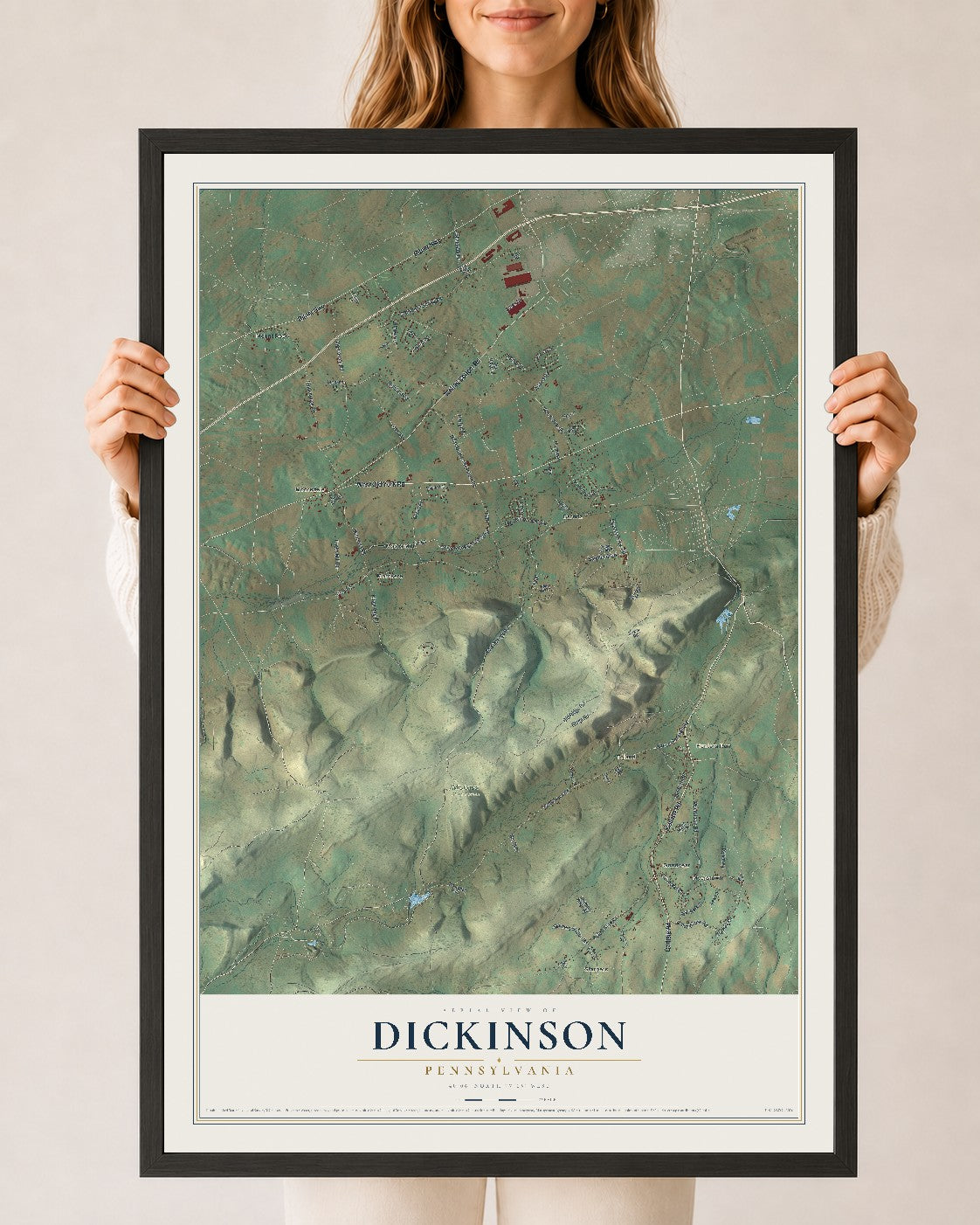 Map of Dickinson, Pennsylvania, 24 x 36 inch print in a black wood frame