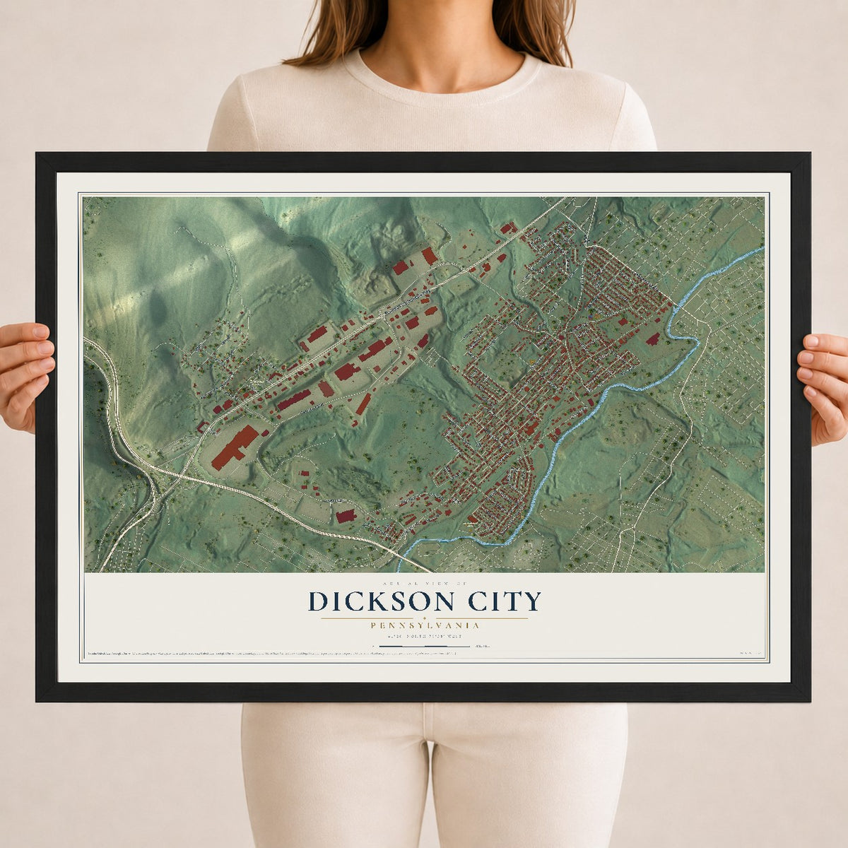 Map of Dickson City, Pennsylvania, 18 x 24 inch print in a black wood frame