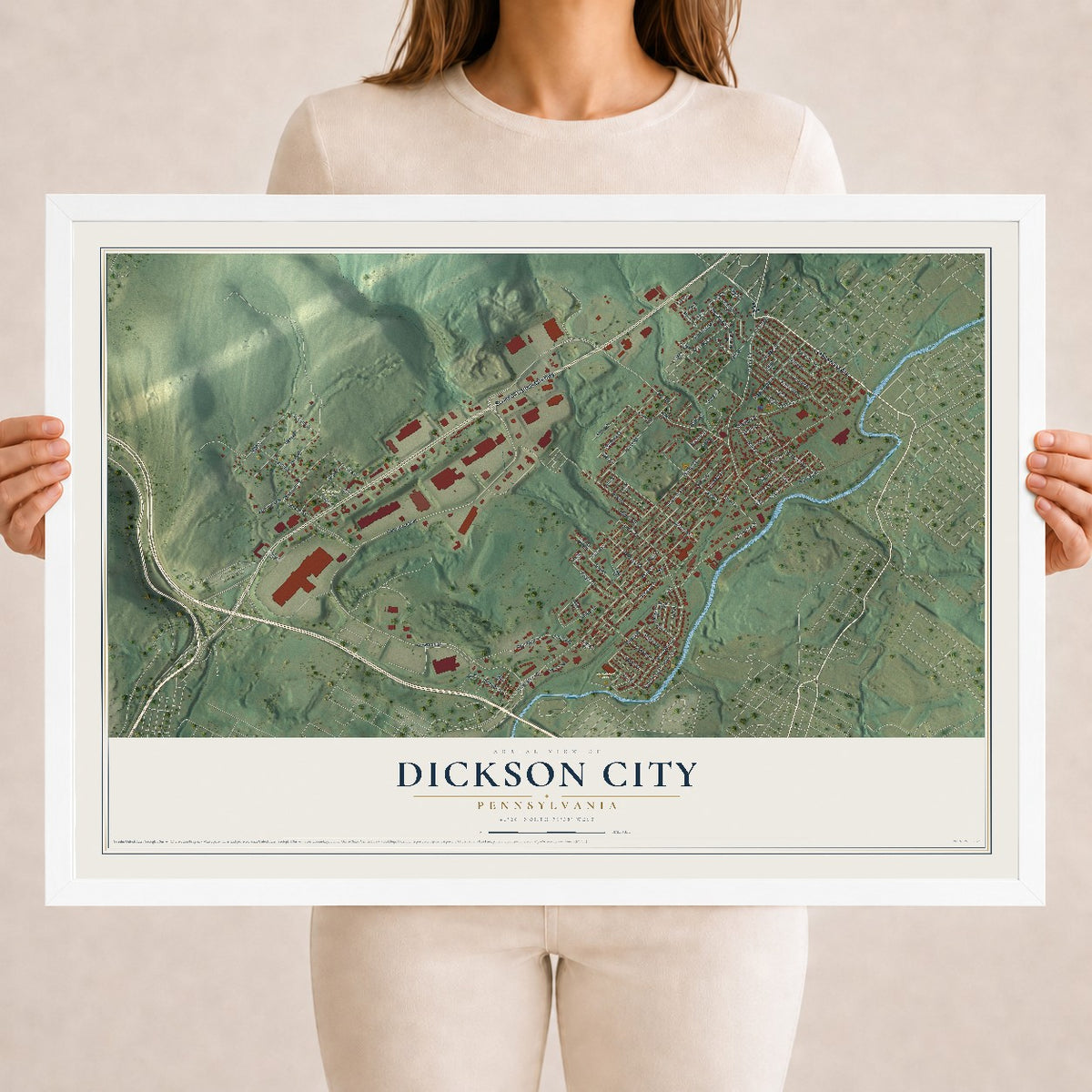 Map of Dickson City, Pennsylvania, 18 x 24 inch print in a white wood frame