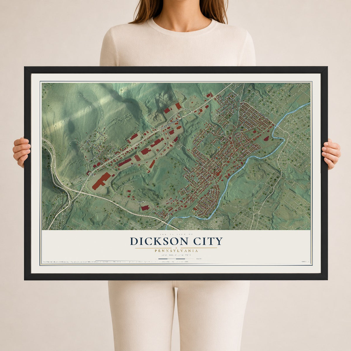 Map of Dickson City, Pennsylvania, 24 x 36 inch print in a black wood frame