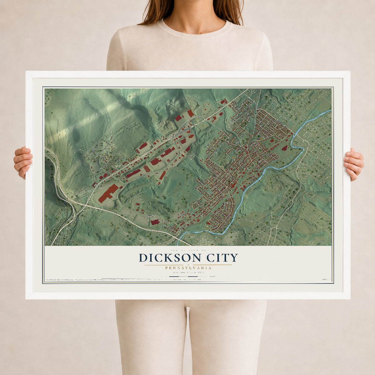Map of Dickson City, Pennsylvania, 24 x 36 inch print in a white wood frame