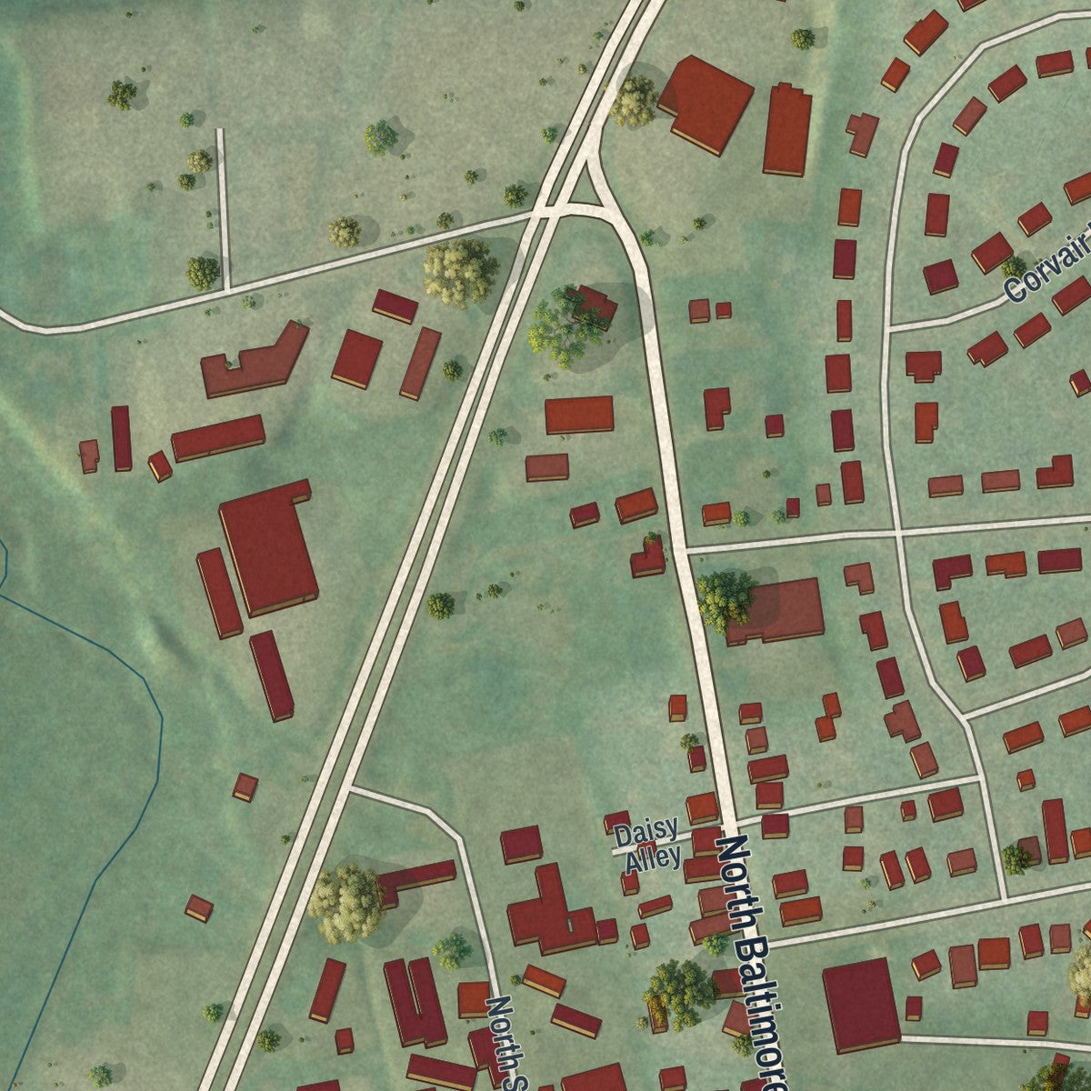 Second close-up of the map of Dillsburg, Pennsylvania print showing more streets and buildings