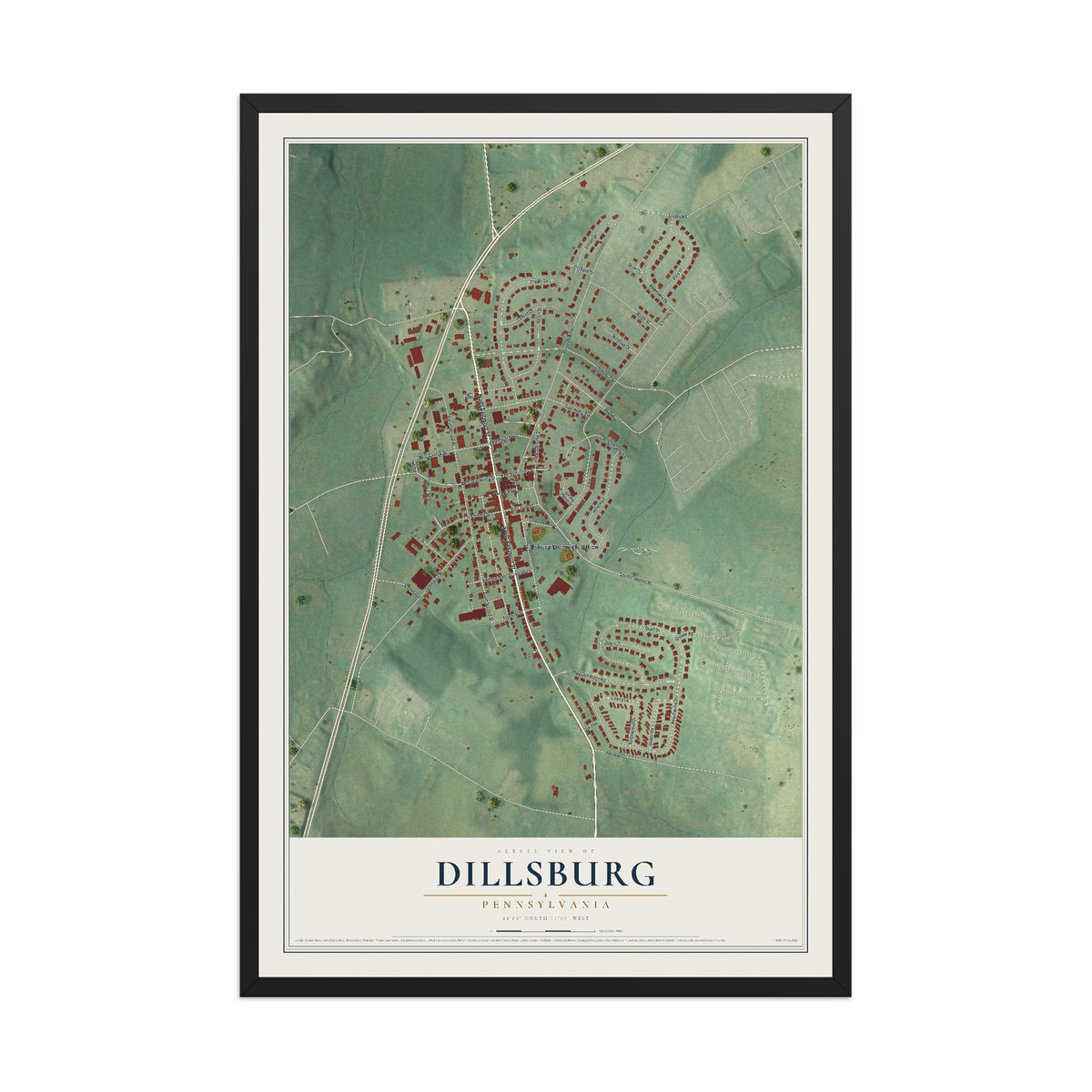 Map of Dillsburg, Pennsylvania, 12 x 18 inch print in a black wood frame