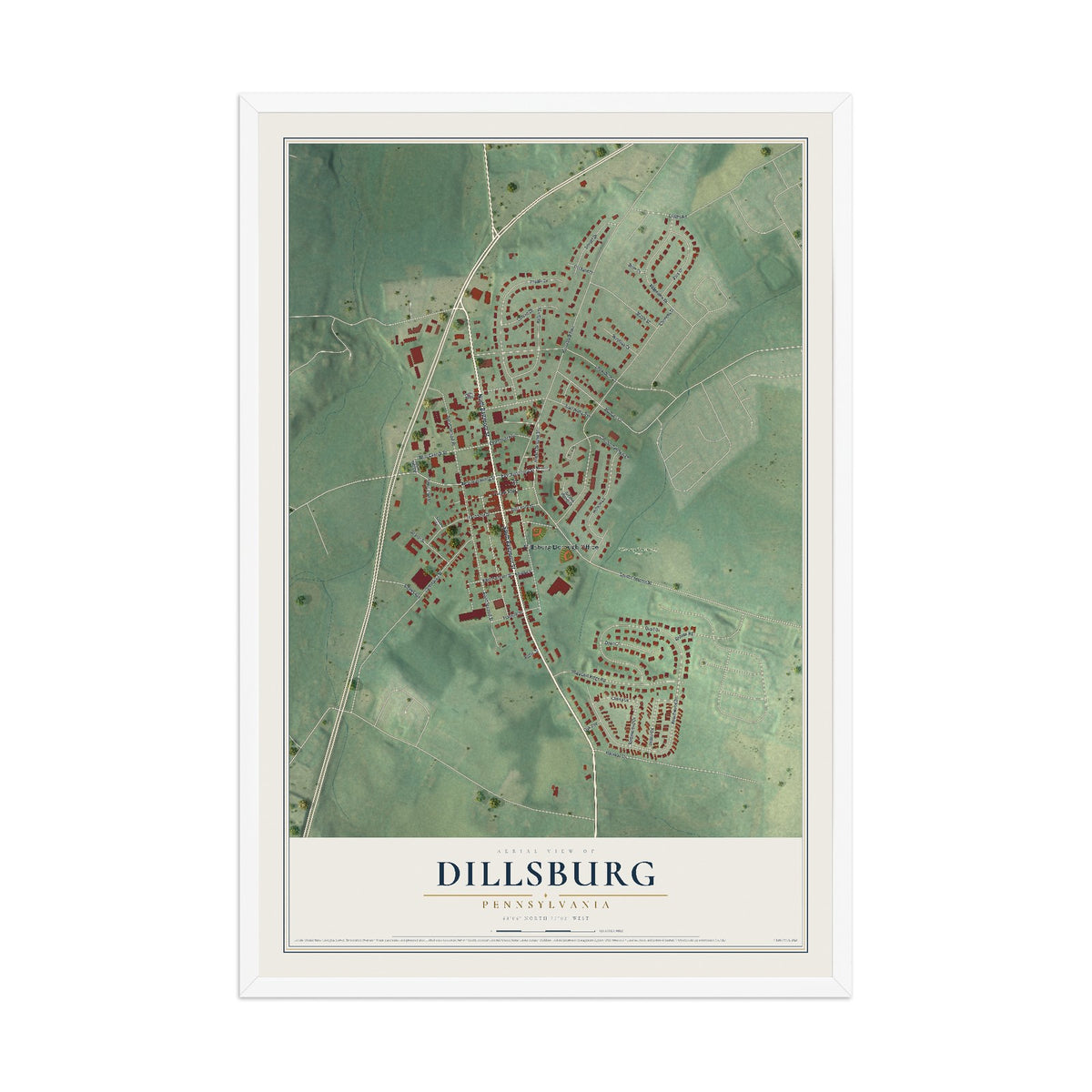 Map of Dillsburg, Pennsylvania, 12 x 18 inch print in a white wood frame