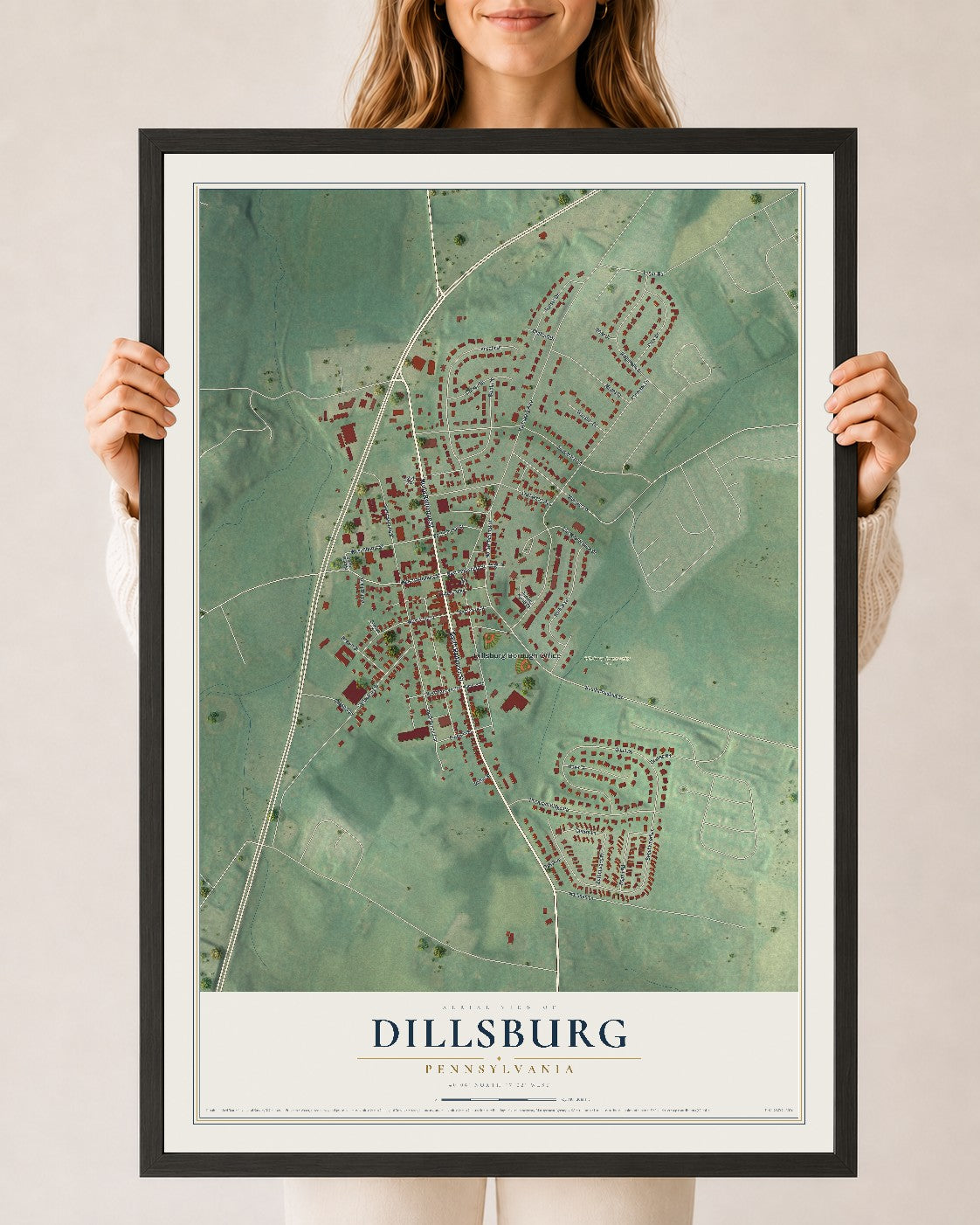 Map of Dillsburg, Pennsylvania, 24 x 36 inch print in a black wood frame