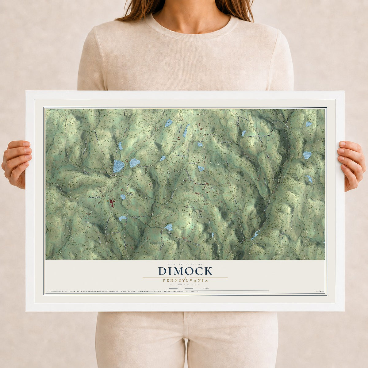 Map of Dimock, Pennsylvania, 12 x 18 inch print in a white wood frame