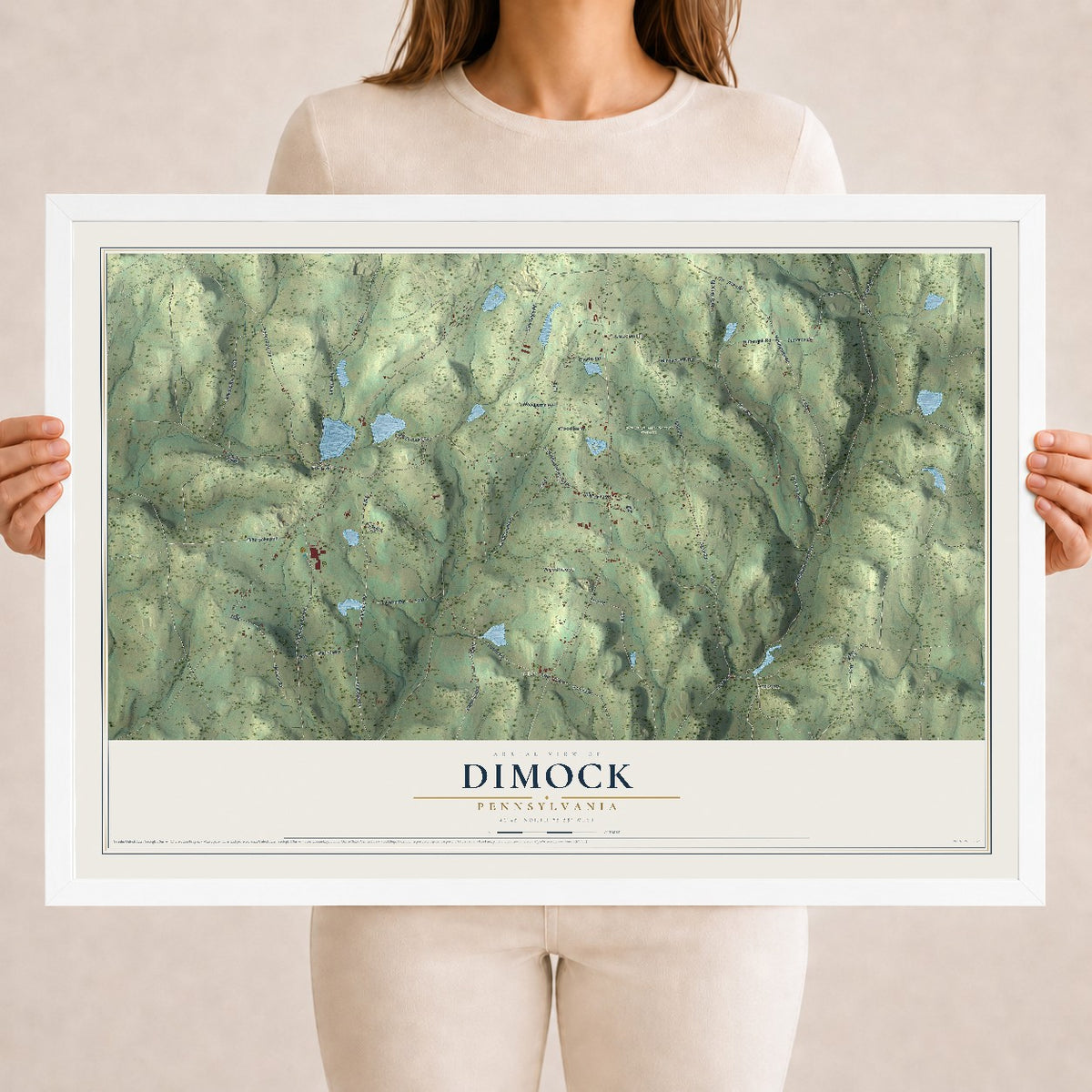 Map of Dimock, Pennsylvania, 18 x 24 inch print in a white wood frame