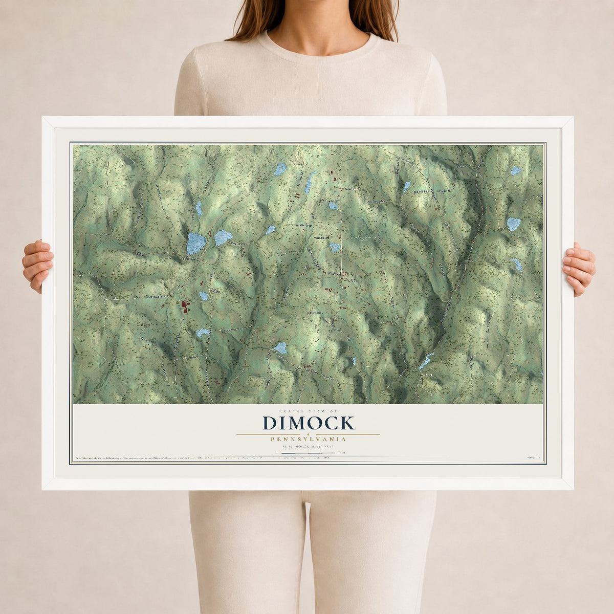 Map of Dimock, Pennsylvania, 24 x 36 inch print in a white wood frame