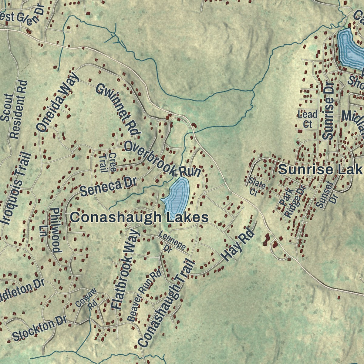 Second close-up of the map of Dingman, Pennsylvania print showing more streets and buildings