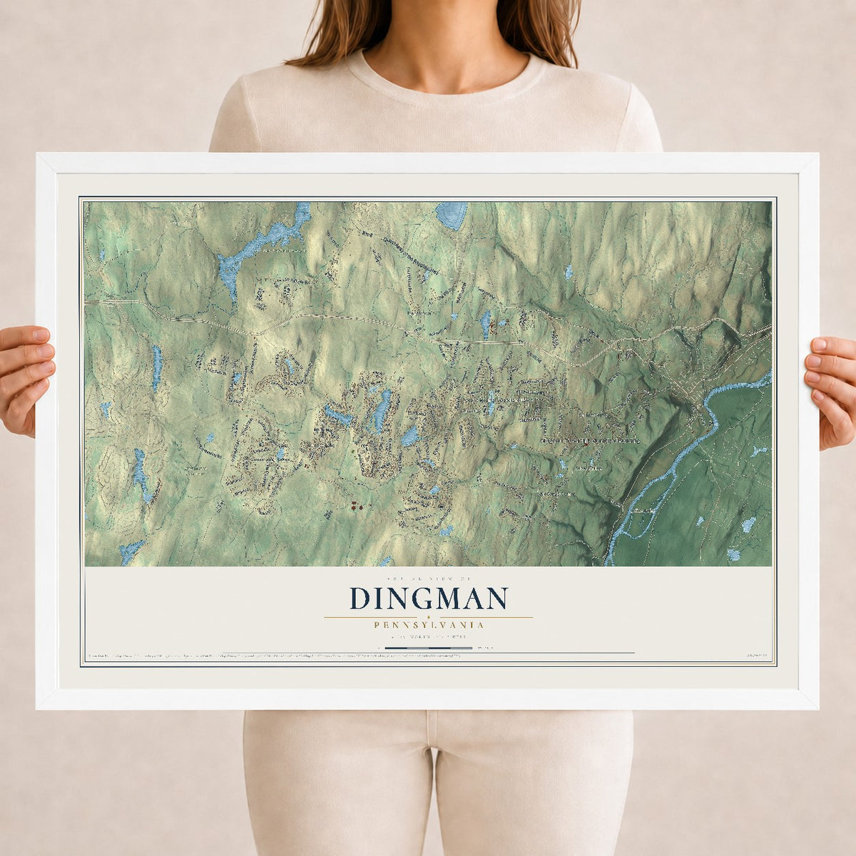 Map of Dingman, Pennsylvania, 18 x 24 inch print in a white wood frame