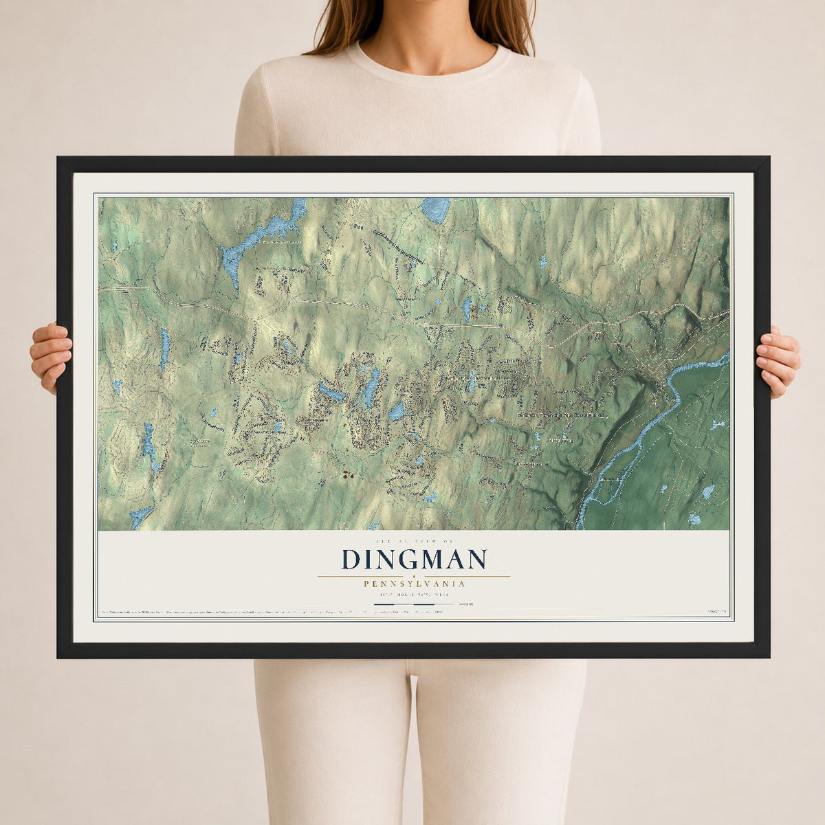 Map of Dingman, Pennsylvania, 24 x 36 inch print in a black wood frame
