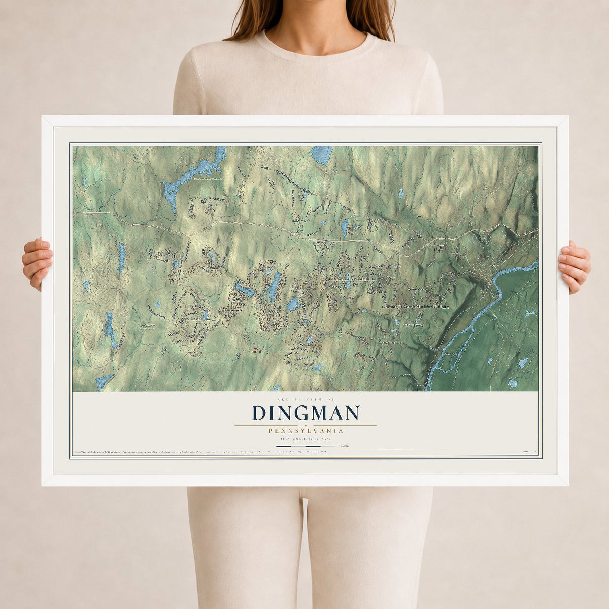 Map of Dingman, Pennsylvania, 24 x 36 inch print in a white wood frame
