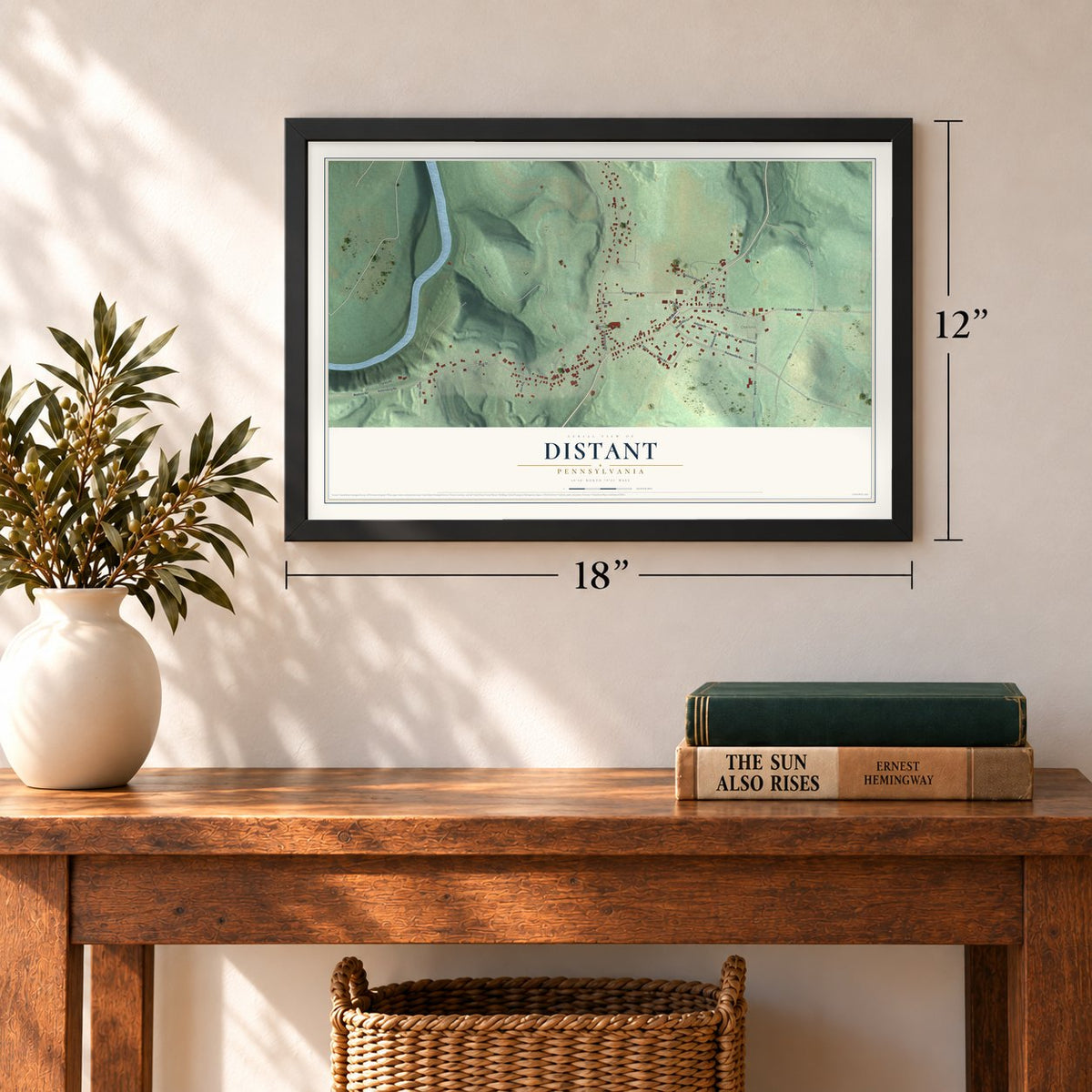 Distant, Pennsylvania map, 12 x 18 inch print in a black frame in an entryway