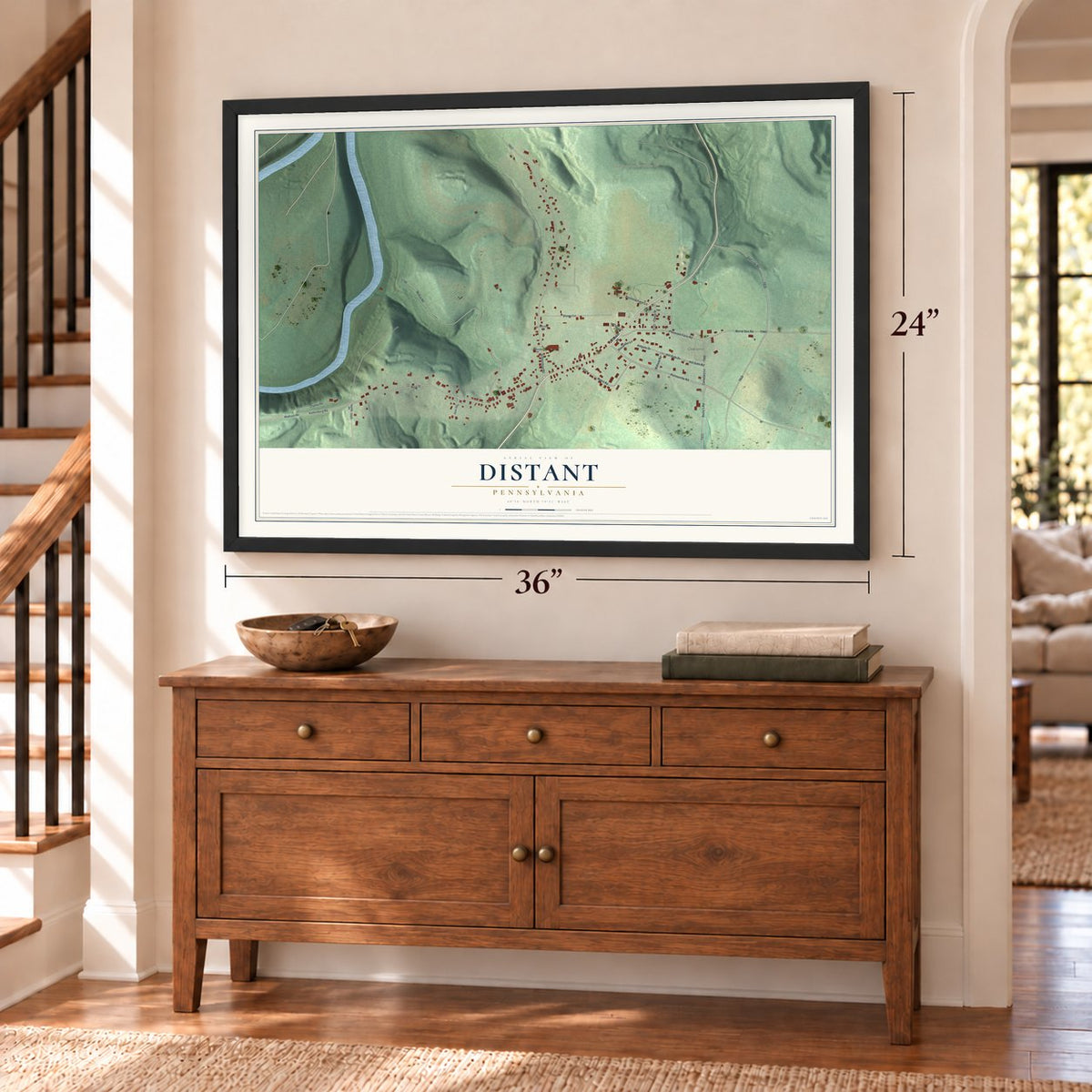 Distant, Pennsylvania map, 24 x 36 inch print in a black frame above a dresser by a staircase