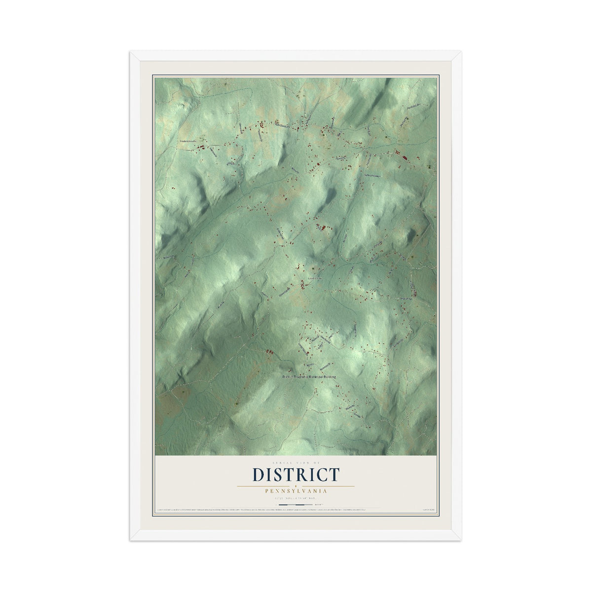 Map of District, Pennsylvania, 12 x 18 inch print in a white wood frame
