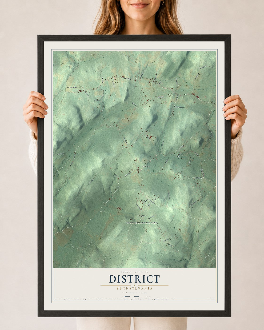 Map of District, Pennsylvania, 24 x 36 inch print in a black wood frame