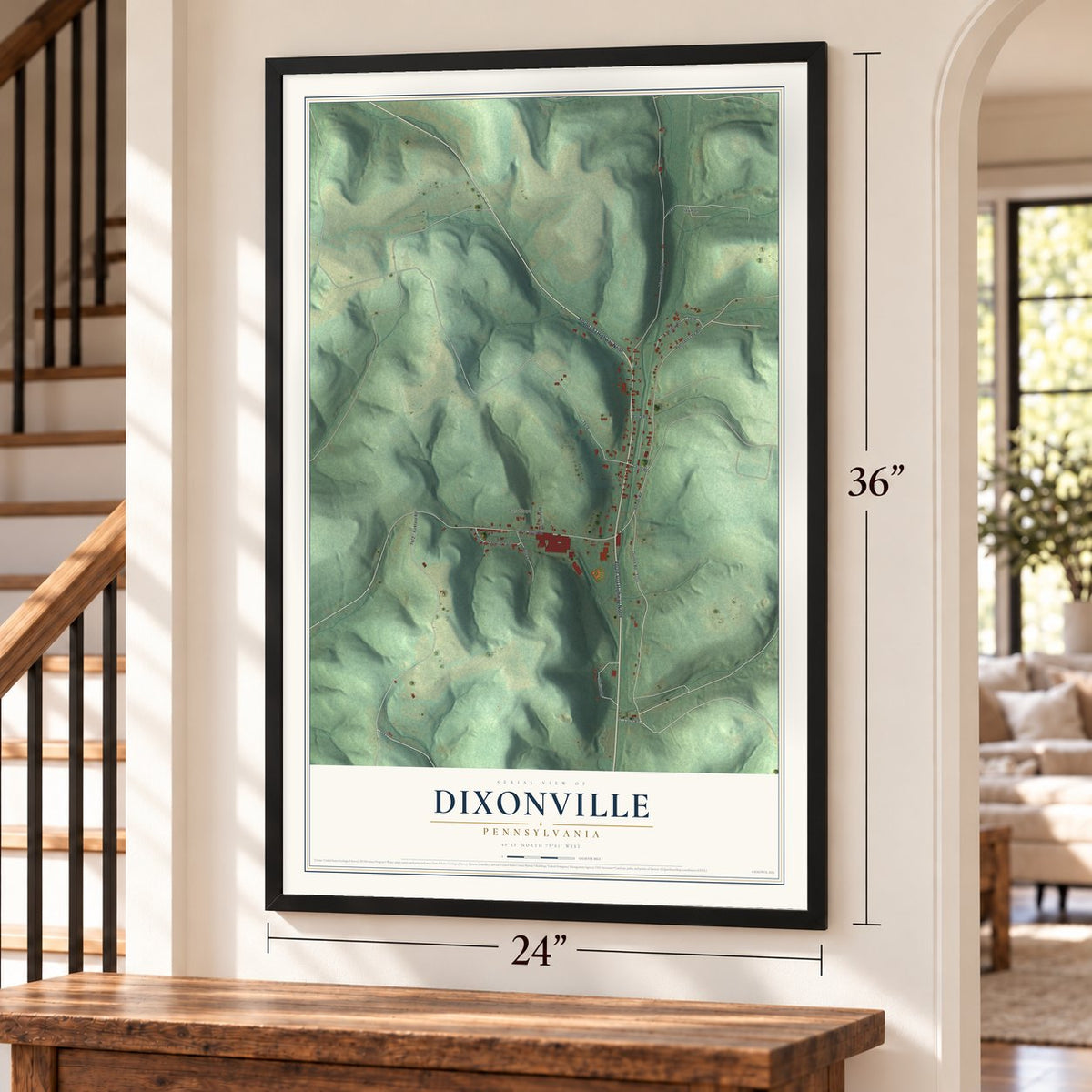 Dixonville, Pennsylvania map, 24 x 36 inch print in a black frame by a staircase