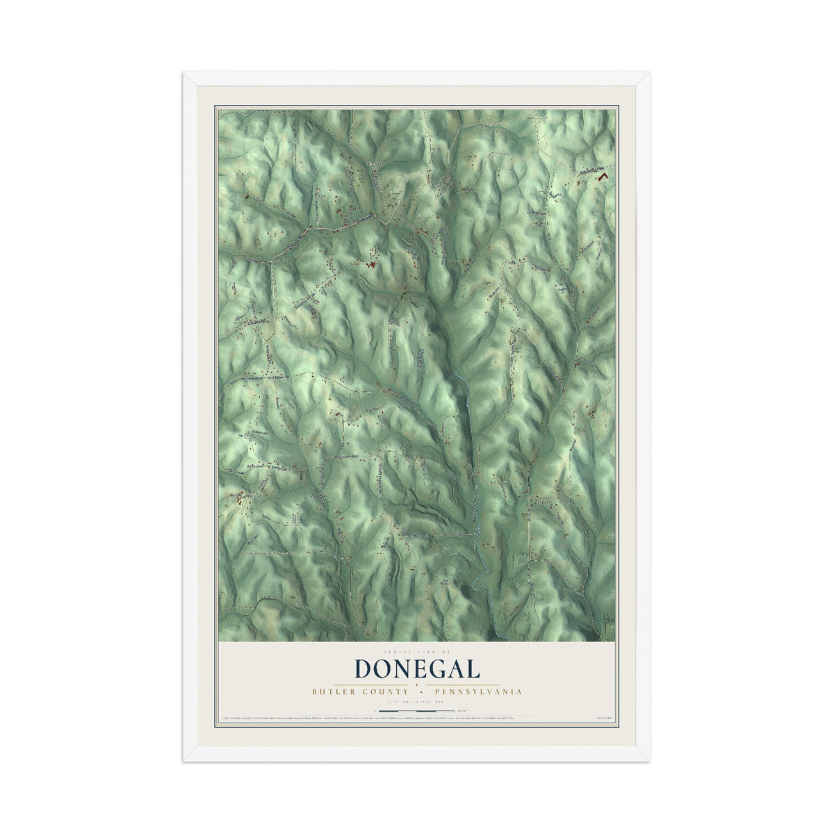 Map of Donegal, Butler County, Pennsylvania, 12 x 18 inch print in a white wood frame