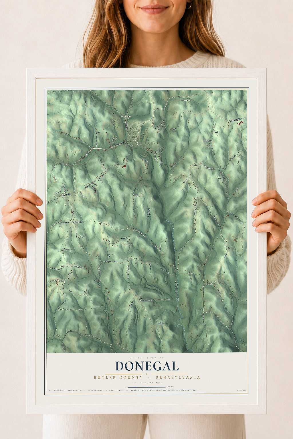 Map of Donegal, Butler County, Pennsylvania, 18 x 24 inch print in a white wood frame