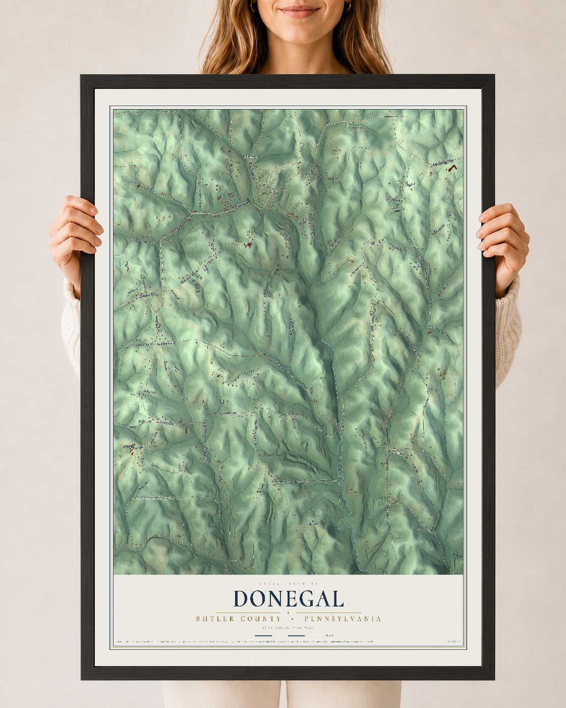 Map of Donegal, Butler County, Pennsylvania, 24 x 36 inch print in a black wood frame
