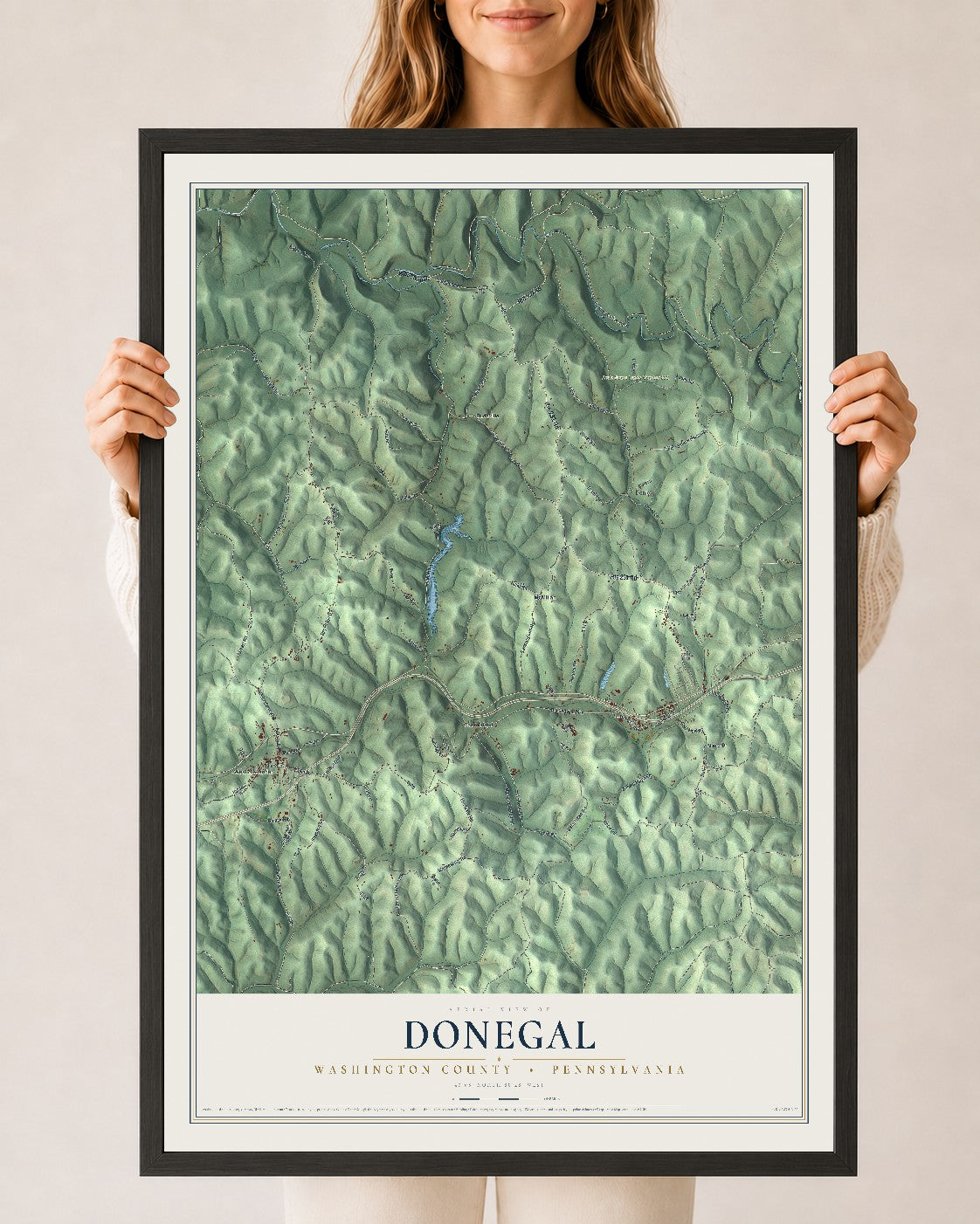 Map of Donegal, Washington County, Pennsylvania, 24 x 36 inch print in a black wood frame