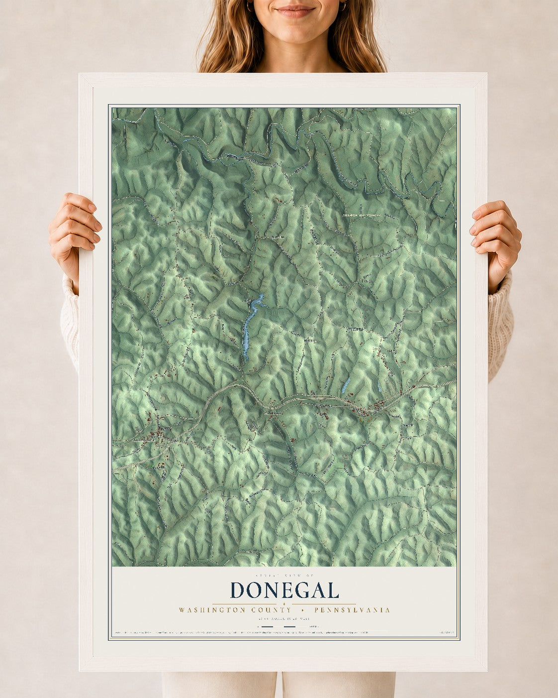 Map of Donegal, Washington County, Pennsylvania, 24 x 36 inch print in a white wood frame