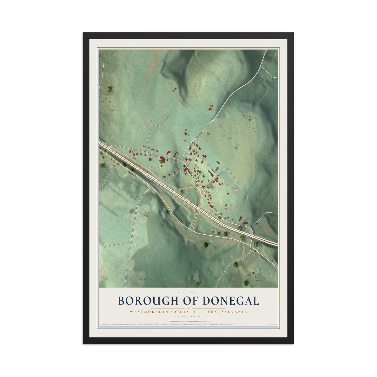 Map of the Borough of Donegal, Westmoreland County, Pennsylvania, 12 x 18 inch print in a black wood frame