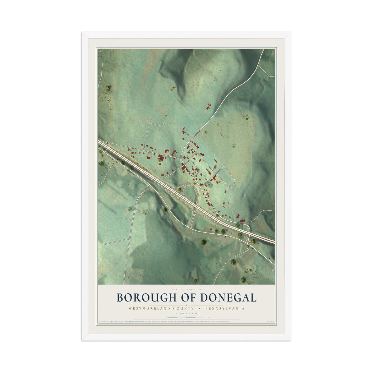 Map of the Borough of Donegal, Westmoreland County, Pennsylvania, 12 x 18 inch print in a white wood frame