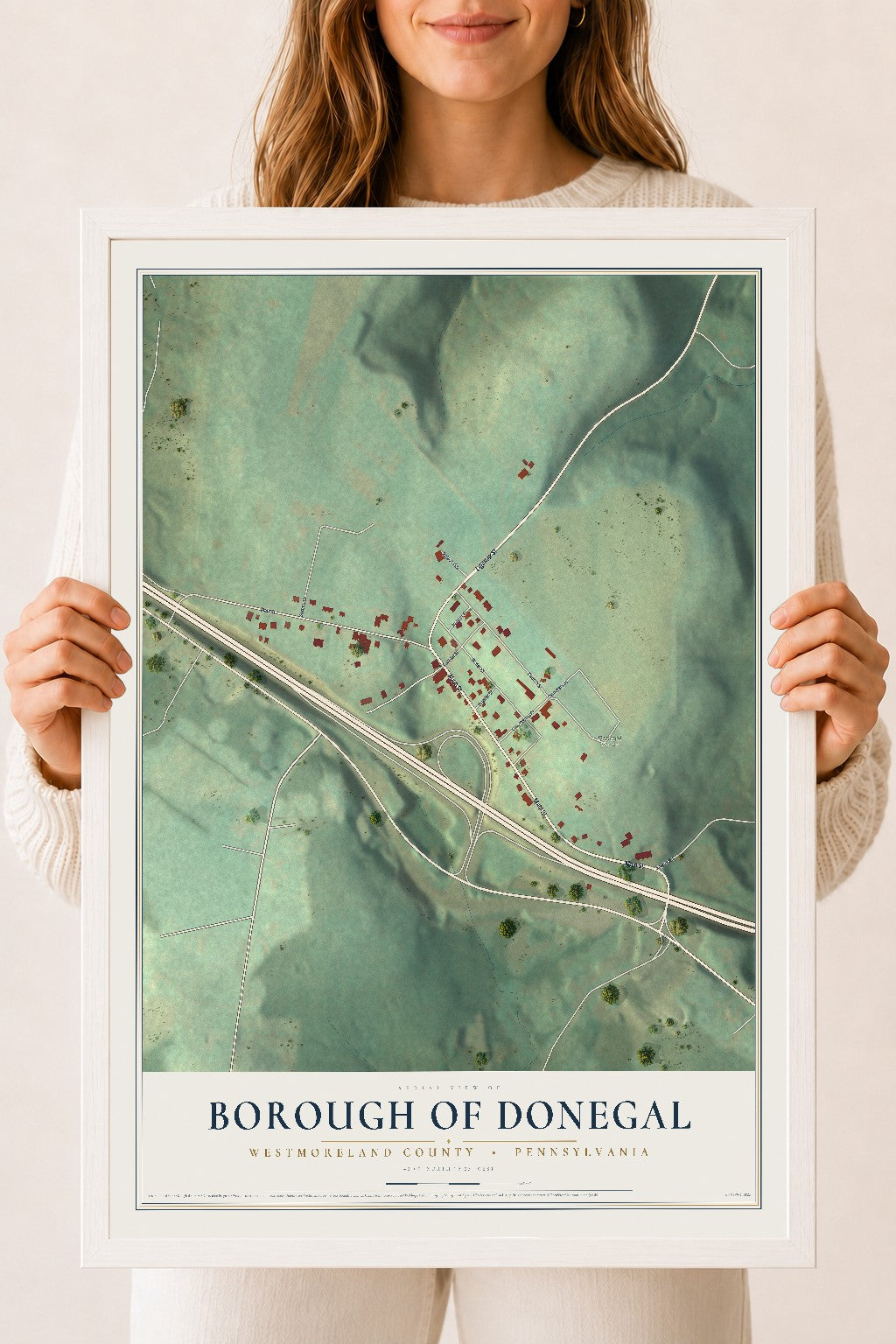 Map of the Borough of Donegal, Westmoreland County, Pennsylvania, 18 x 24 inch print in a white wood frame